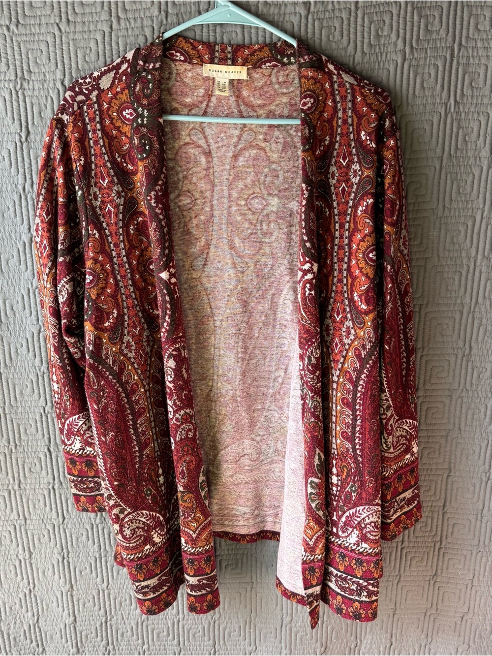 Susan Graver Cardigan Women’s 1x Red Paisley Pattern Long Sleeve Polyester Blend